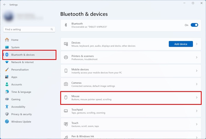 Select Bluetooth and devices then Mouse